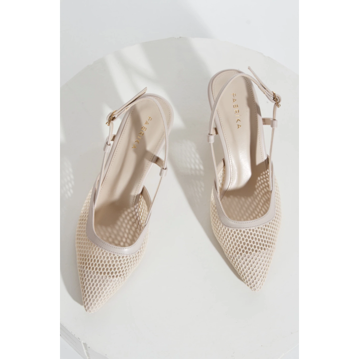 Kadın Bej  Stiletto Arkası Açık Kısa Fileli İNCE Topuklu  Şık  Stiletto