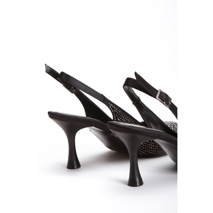 Kadın Siyah 7 cm İnce Topuklu Şık Damla Taşlarla Bezenmiş Rahat Stiletto