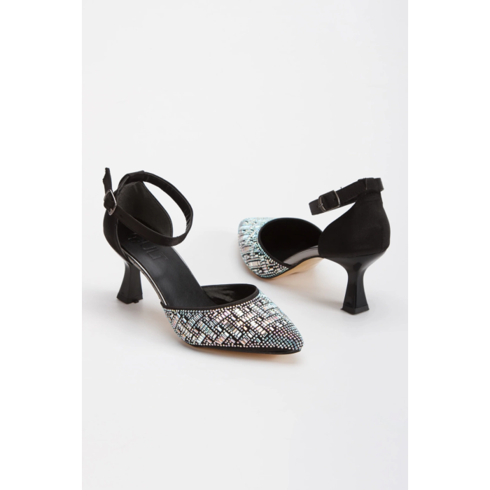 Kadın Siyah Saten Şık Taşlarla Bezenmiş  İNCE Topuklu Arkası Kapalı  Sivri Burunlu Stiletto