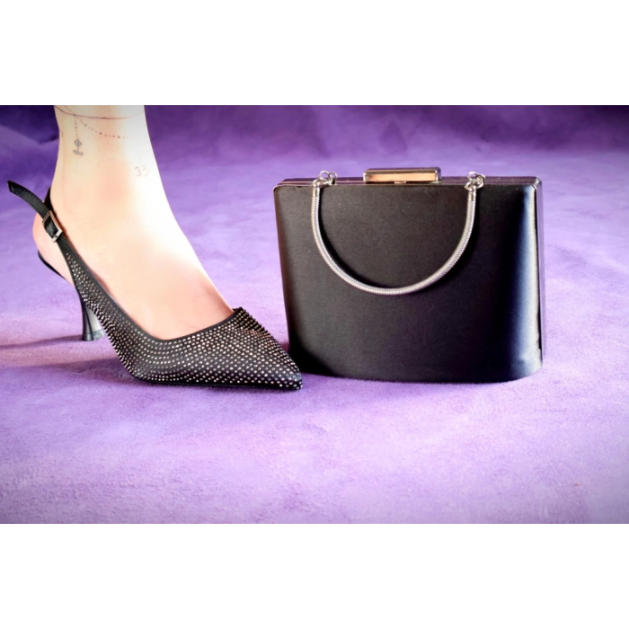Kadın Siyah Saten 7 cm İnce Topuklu Şık Damla Taşlarla Bezenmiş Rahat Stiletto ve Çanta Kombini