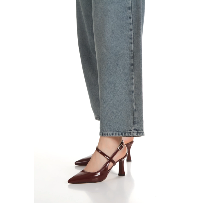 Kadın Bordo Rugan İnce  Topuklu Sivri Burunlu Arkası Açık Şık Stiletto