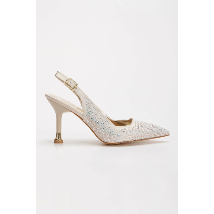 Kadın Altın Saten  Damla Taşlarla Bezenmiş 8 cm İnce Galvaniz Topuklu Rahat Stiletto