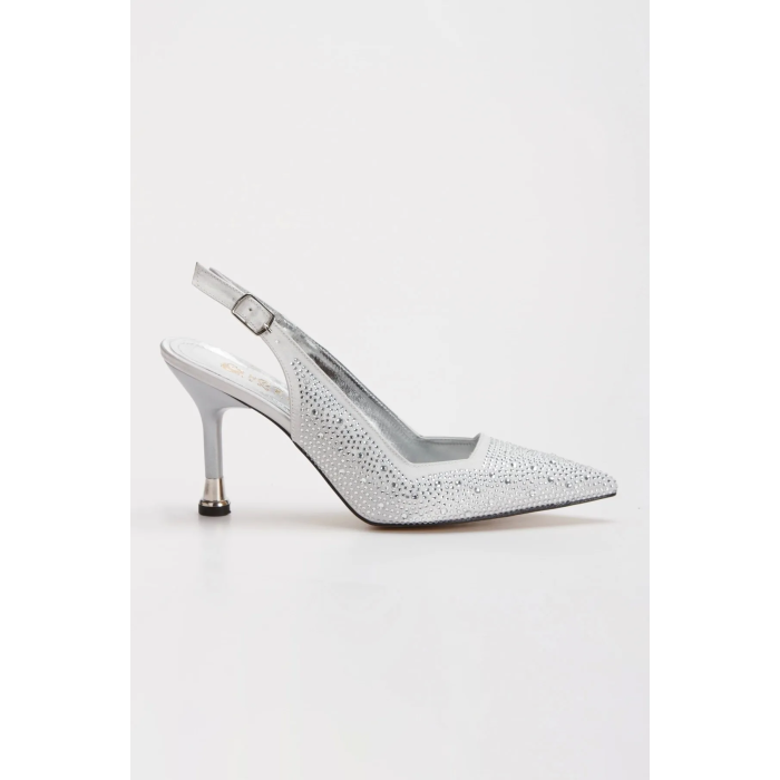 Kadın Gümüş Saten  Damla Taşlarla Bezenmiş 8 cm İnce Galvaniz Topuklu Rahat Stiletto