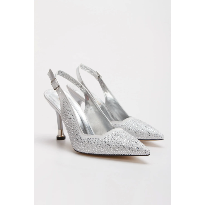 Kadın Gümüş Saten  Damla Taşlarla Bezenmiş 8 cm İnce Galvaniz Topuklu Rahat Stiletto