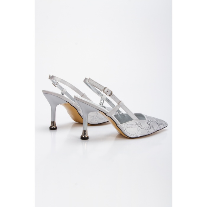 Kadın Gümüş Desenli Taşlarla Bezenmiş 8 cm İnce Galvaniz Topuklu Rahat Stiletto ve Çanta Kombini