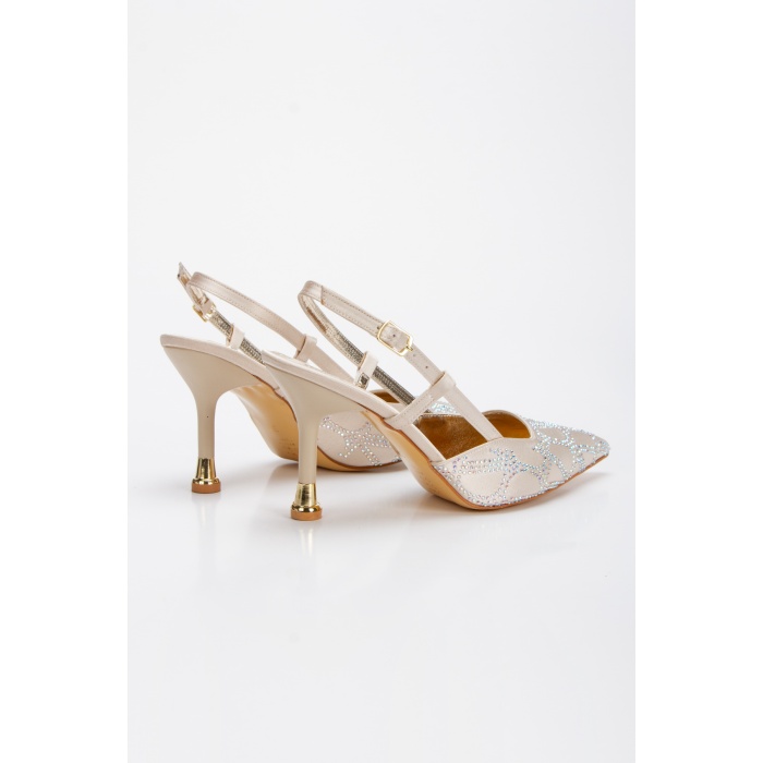 Kadın Altın Saten  Desenli Taşlarla Bezenmiş 8 cm İnce Galvaniz Topuklu Rahat Stiletto