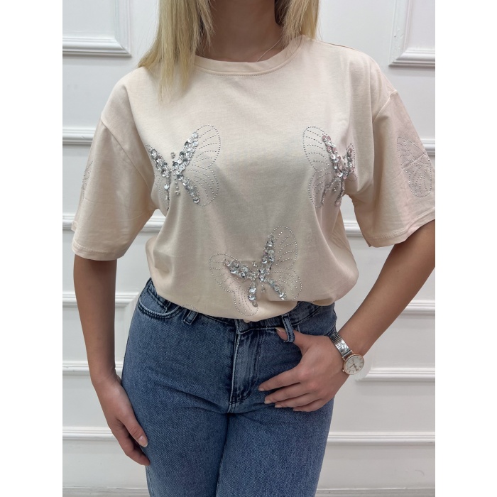 BÜYÜK KELEBEK BASKILI TAŞLI SIFIR YAKA TSHIRT