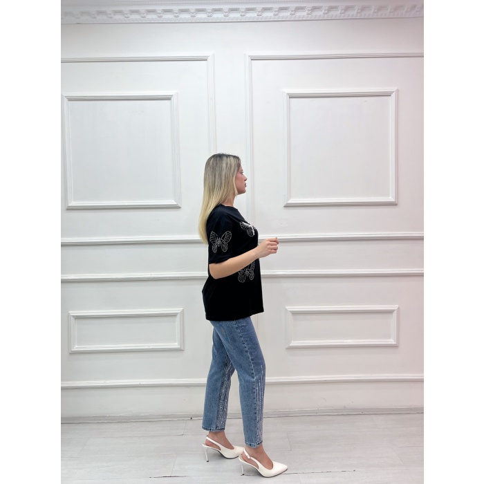 BÜYÜK KELEBEK BASKILI TAŞLI SIFIR YAKA TSHIRT