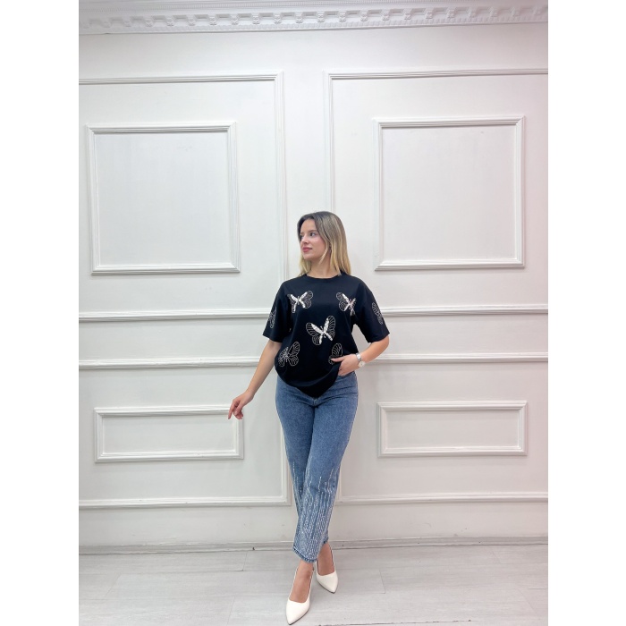 BÜYÜK KELEBEK BASKILI TAŞLI SIFIR YAKA TSHIRT