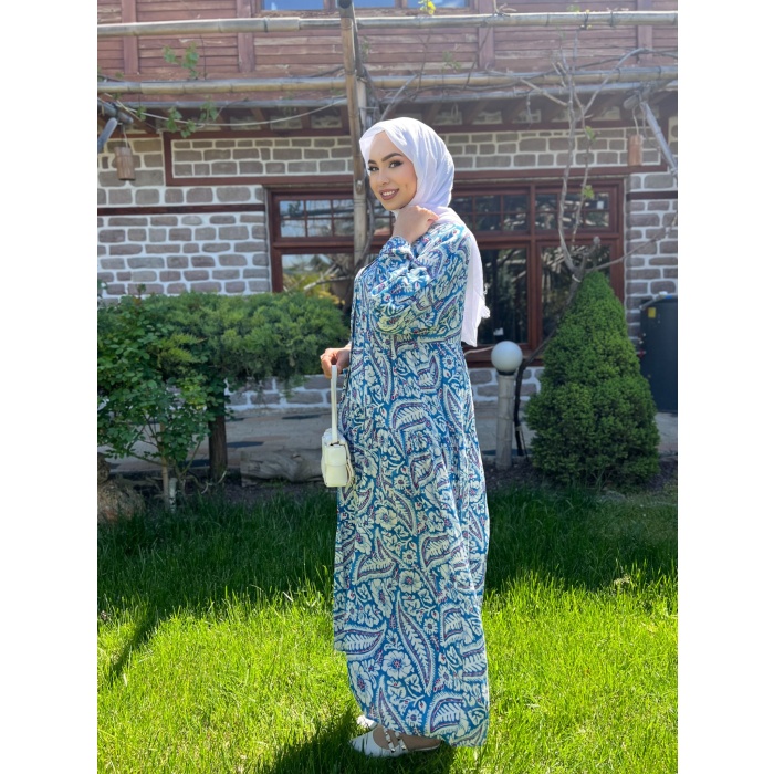 ŞAL DESEN YARI DÜĞMELİ VİSKON ELBİSE