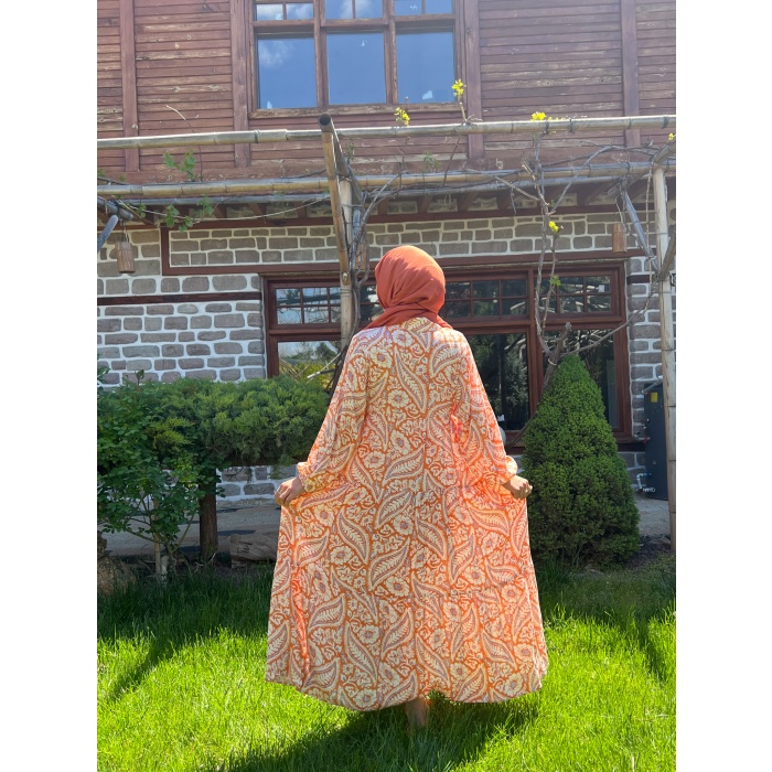 ŞAL DESEN YARI DÜĞMELİ VİSKON ELBİSE