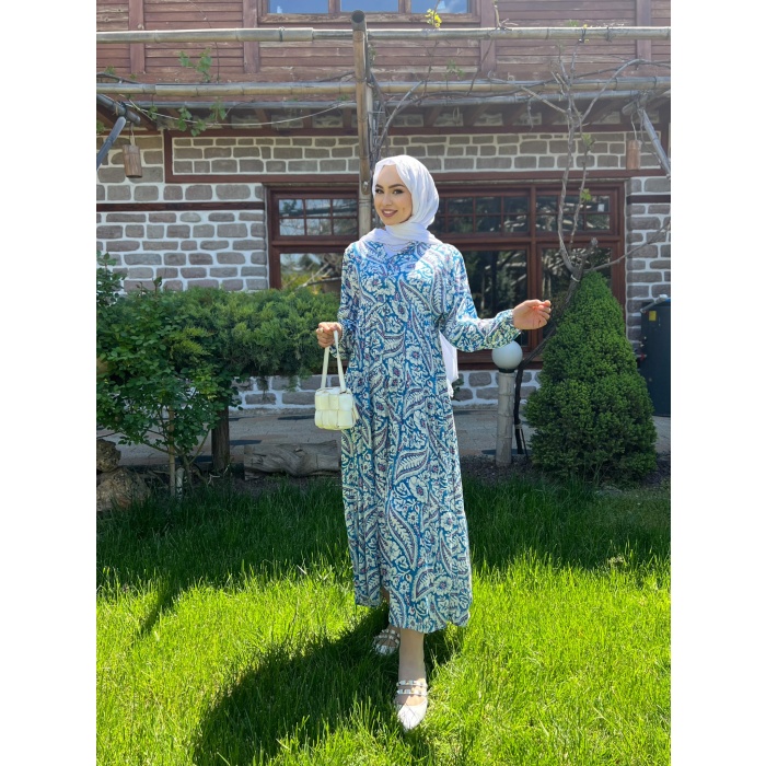 ŞAL DESEN YARI DÜĞMELİ VİSKON ELBİSE