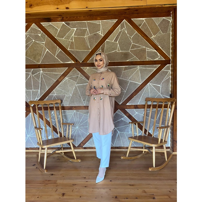 ÖNÜ ÇİÇEK TAŞLI KETEN TUNİK