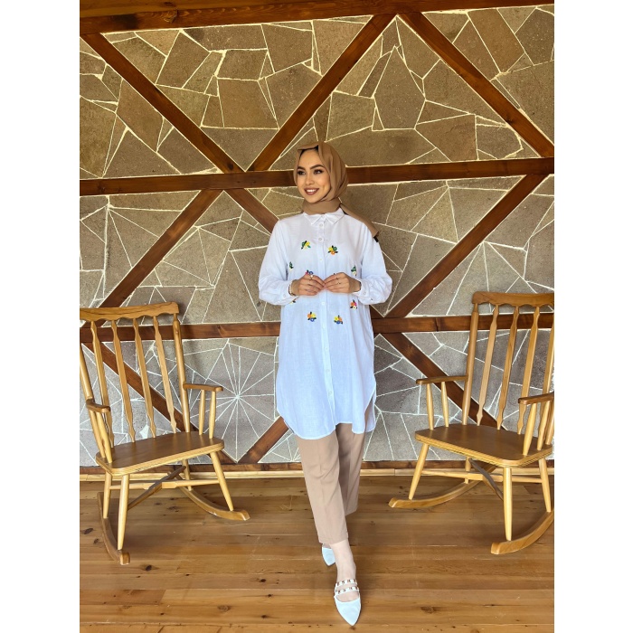 ÖNÜ ÇİÇEK TAŞLI KETEN TUNİK