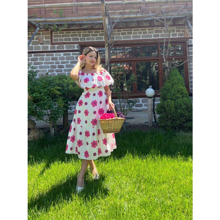 MADONNA YAKA VOLANLI ÇİÇEK BASKILI ELBİSE