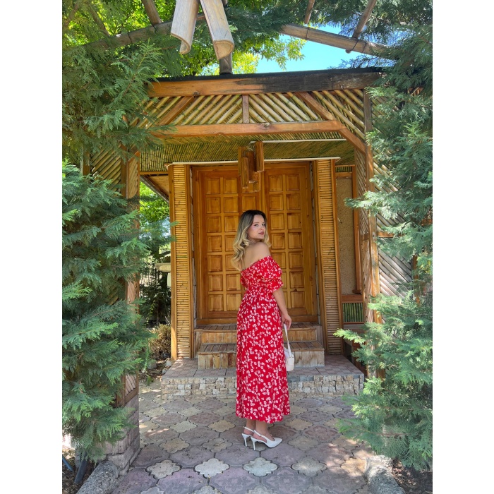 KARE YAKA DOKUMA ÇİÇEKLİ ELBİSE