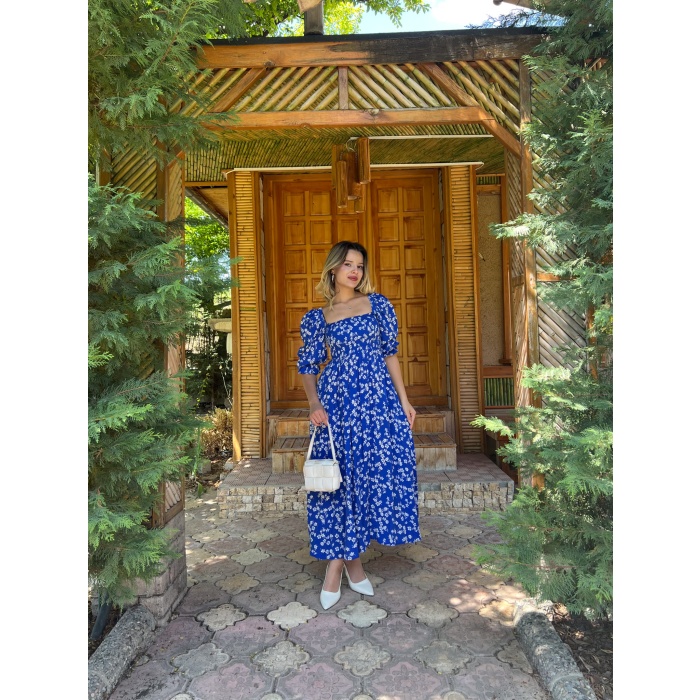 KARE YAKA DOKUMA ÇİÇEKLİ ELBİSE
