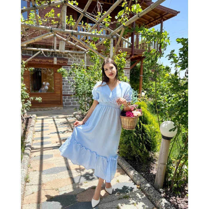 KRUVAZE YAKA BELİ LASTİKLİ KETEN ELBİSE