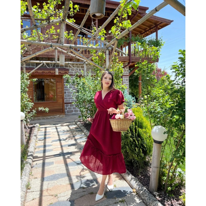 KRUVAZE YAKA BELİ LASTİKLİ KETEN ELBİSE