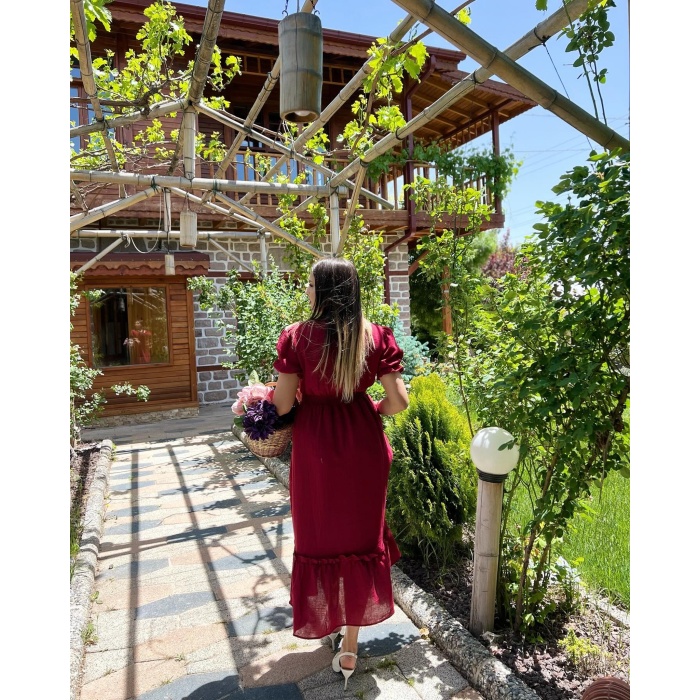 KRUVAZE YAKA BELİ LASTİKLİ KETEN ELBİSE