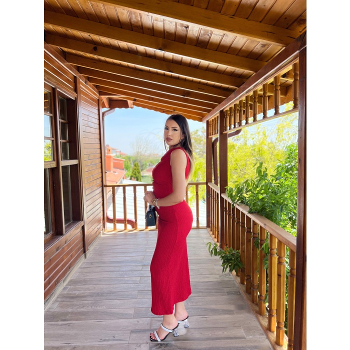 OMZU BÜZGÜLÜ BÜRÜMCÜK SIFIR KOLLU ELBİSE