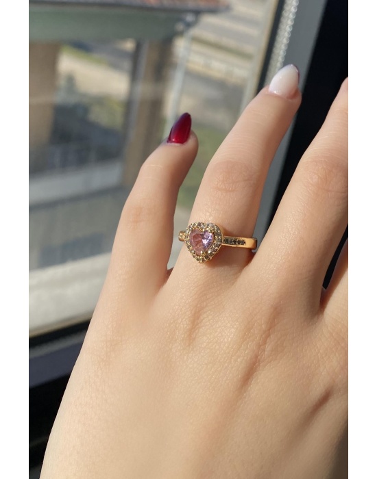 Altın Renk Pembe Taş Detaylı Pandora Yüzük