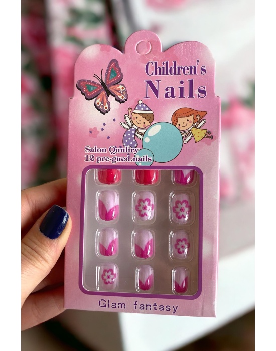 12li Pembe Renk Çiçek Figürlü Çocuk Tırnak