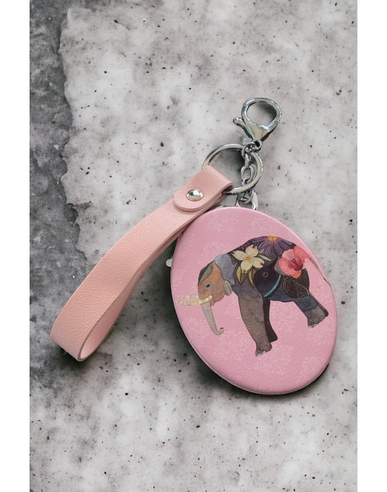 Pembe Renk Fil Figürlü Cep Aynası/ Anahtarlık