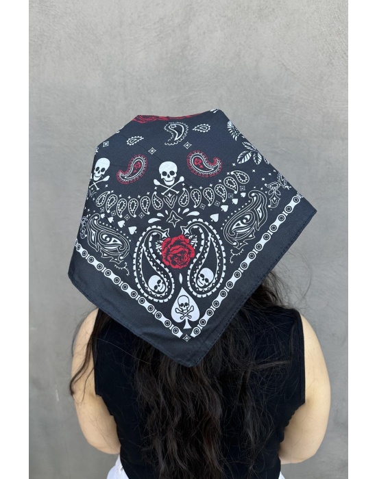 Siyah Renk Kurukafa Figürlü Bandana