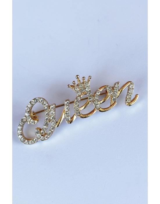 Altın Renk Queen Yazılı Taşlı Broş