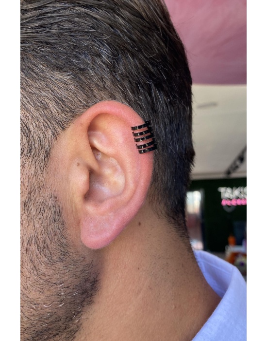 Siyah Renk Sıkıştırmalı Ear Cuff Unisex Halka Küpe (Çift)