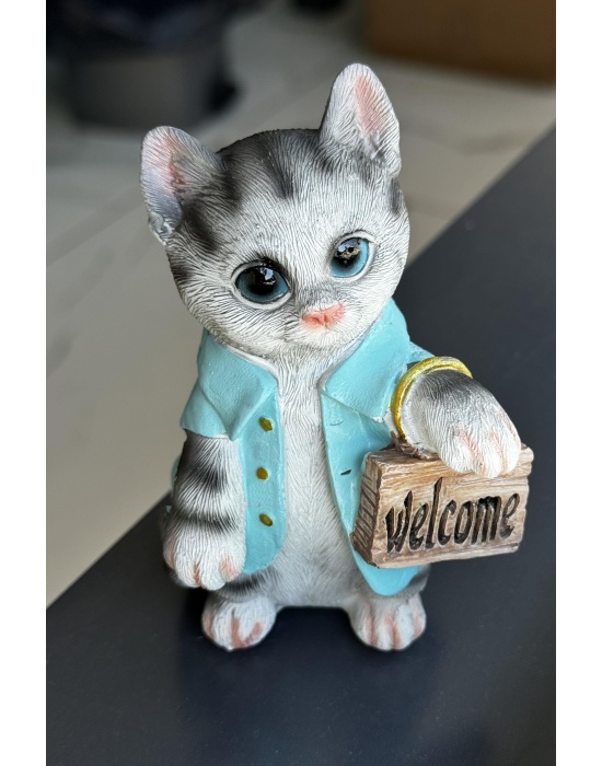 Orta Boy Süs Eşyası Kedi Figürlü Hoşgeldin Yazılı Biblo