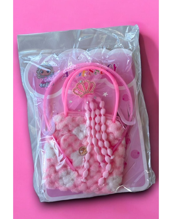 Pembe Renk Çocuk Toka Çanta Taç Set