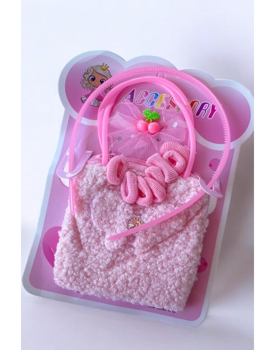 Pembe Renk Çocuk Çanta Toka Taç Set