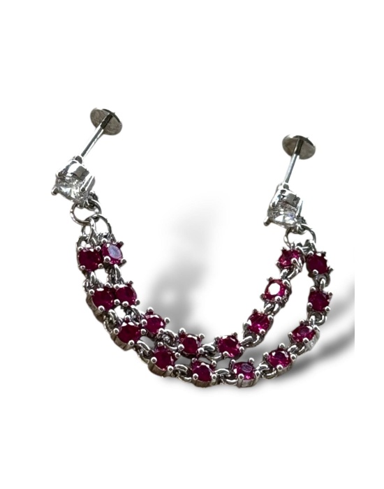 Gümüş Renk Pembe Taş Detaylı Sallantılı Çelik Piercing Küpe (Tek)