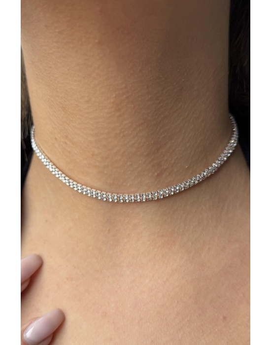 Gümüş Renk İki Sıra Taş Detaylı Choker Kolye