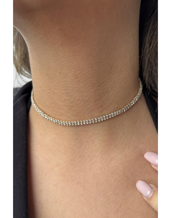 Altın Renk İki Sıra Taş Detaylı Choker Kolye