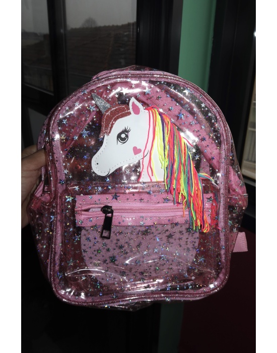 Pembe Renk Şeffaf Unicorn Figürlü Çocuk Sırt Çantası