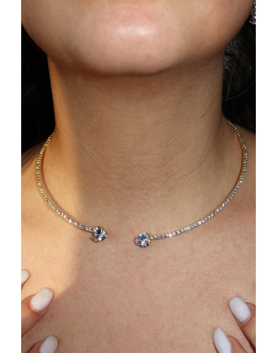 Altın Renk Kalp Detaylı Taşlı Choker Kolye