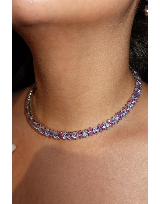 Gümüş Ve Pembe Renk Taş Detaylı Choker Kolye