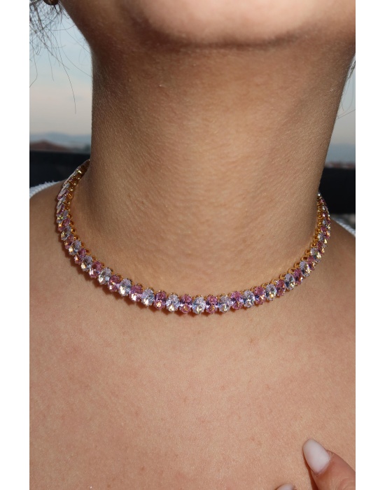 Altın Ve Pembe Renk Taş Detaylı Choker Kolye