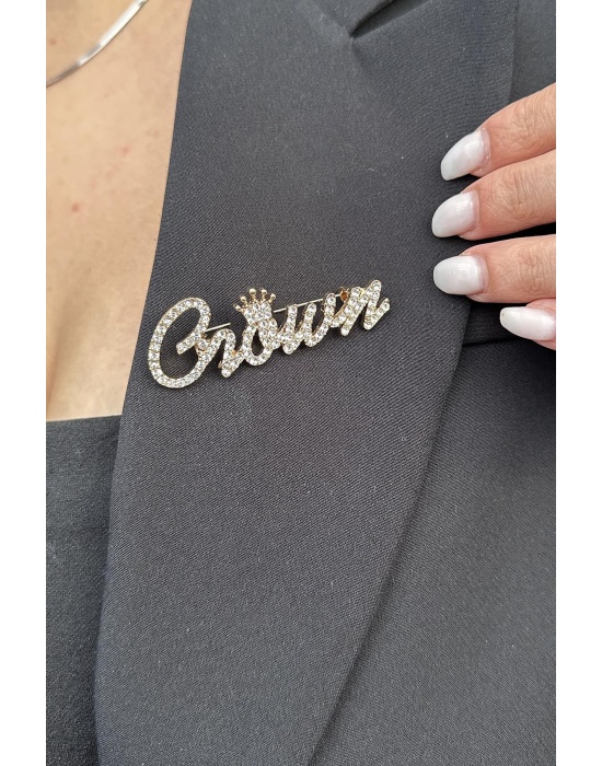 Altın Renk Crown Yazılı Taş Detaylı Broş