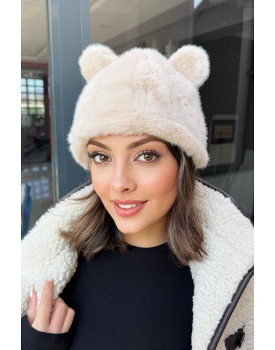Krem Renk Ayıcık Kulaklı Peluş Şapka