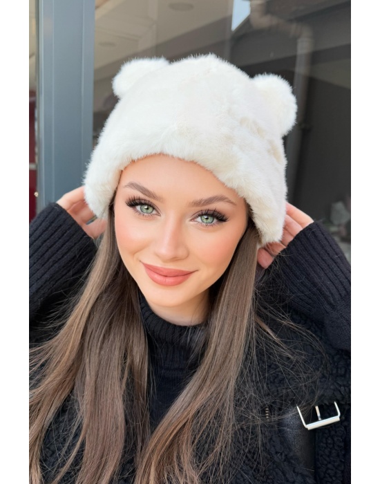 Beyaz Renk Ayıcık Kulaklı Peluş Şapka