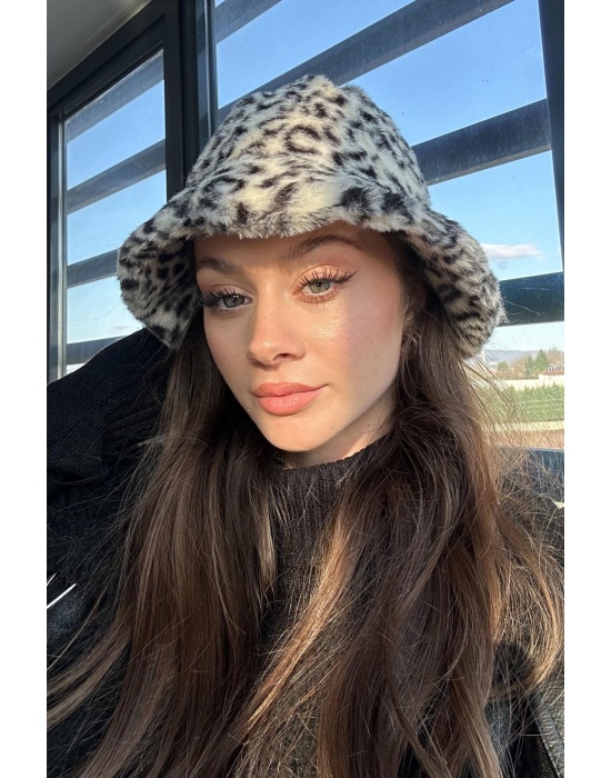 Leopar Desenli Peluş Şapka