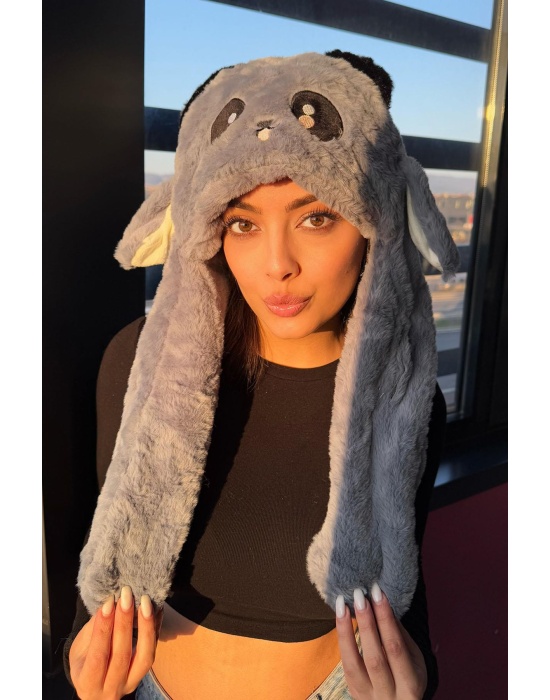 Gri Renk Panda Figürlü Kulakları Oynayan Peluş Şapka