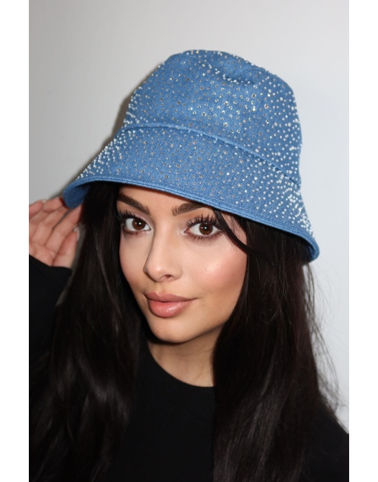 Mavi Renk Taşlı Bucket Şapka