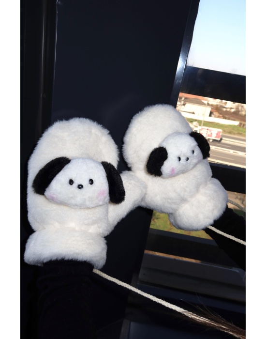 Krem Renk Panda Figürlü Askılı Peluş Eldiven