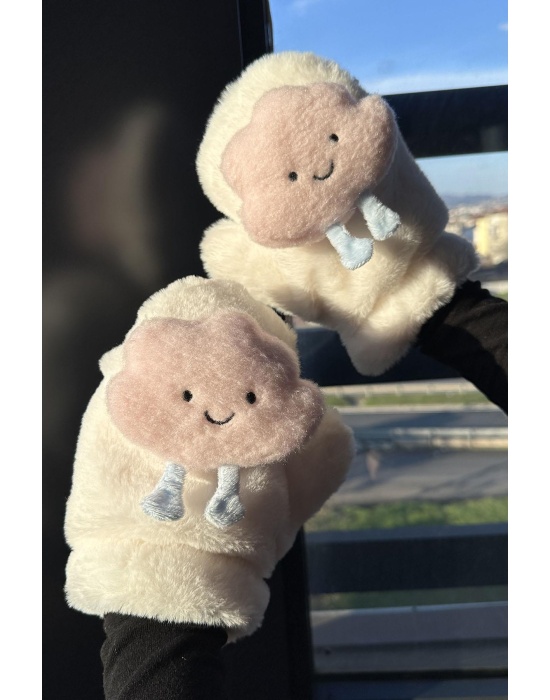 Beyaz Renk Bulut Figürlü Askılı Peluş Eldiven