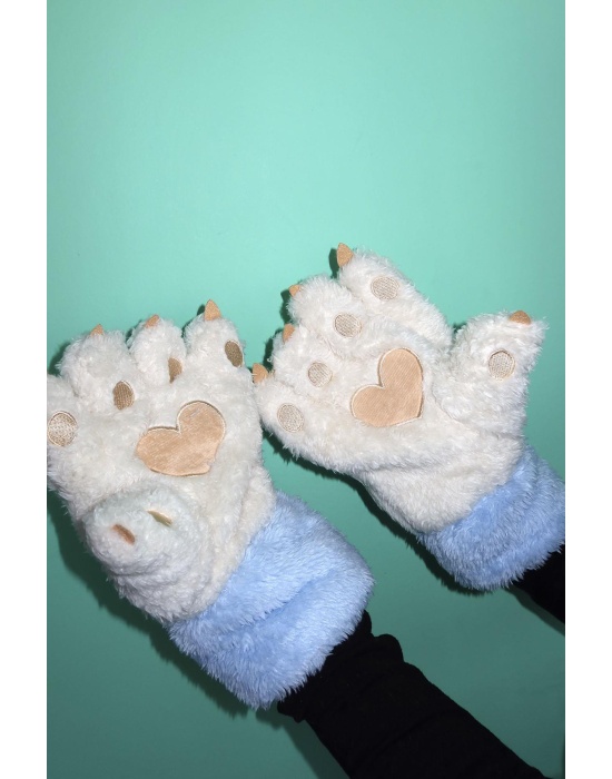 Krem Ve Mavi Renk Pati Figürlü Askılı Peluş Eldiven